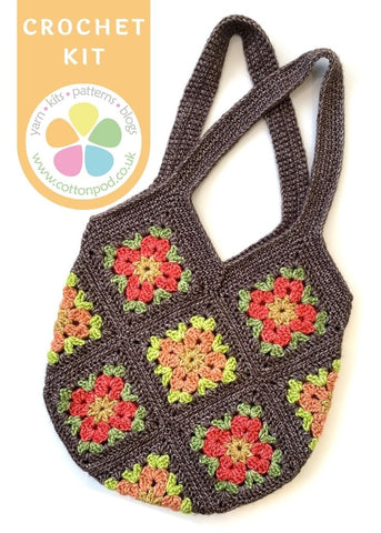 COTTON POD Sundrop Flower Granny Square Bag ~ Crochet Kit ~ Scheepjes Stone washed XL